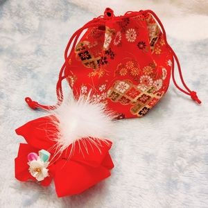 Japan Children girl 7-5-3 kinchaku pouch & handmade ribbon floral hair ornament